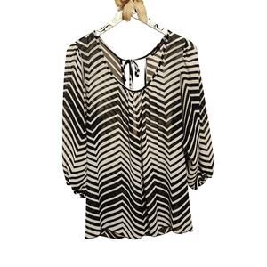 Sheer Black & White Chevron 3/4 Sleeve Blouse 1X